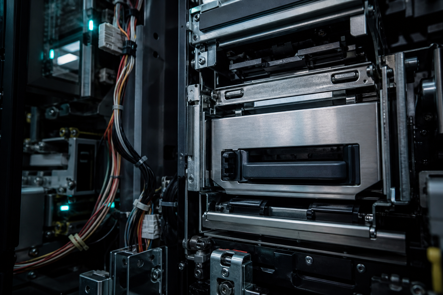 Close-up of ATM internal components and cash modules