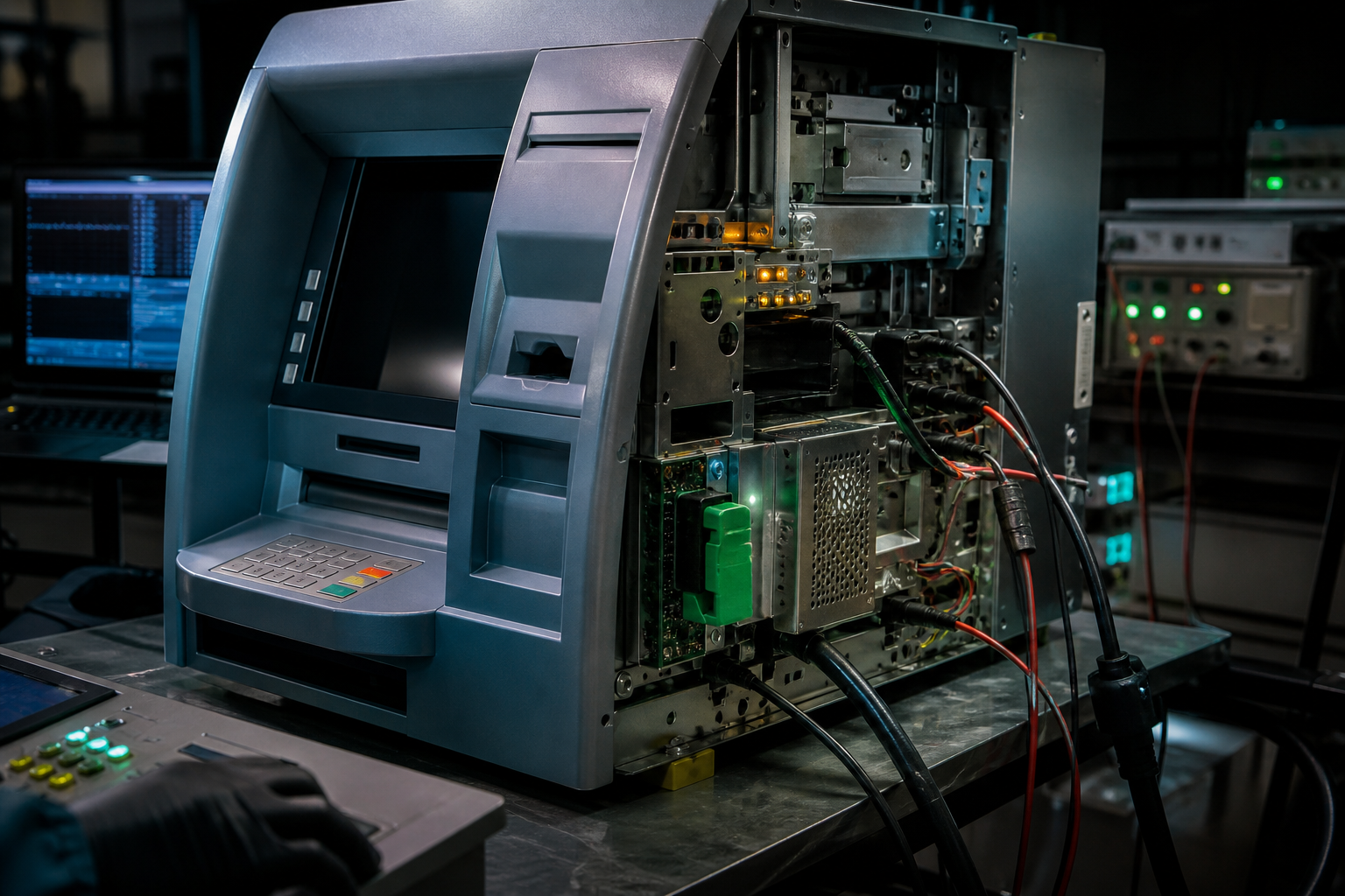 ATM hardware on a quality assurance test bench